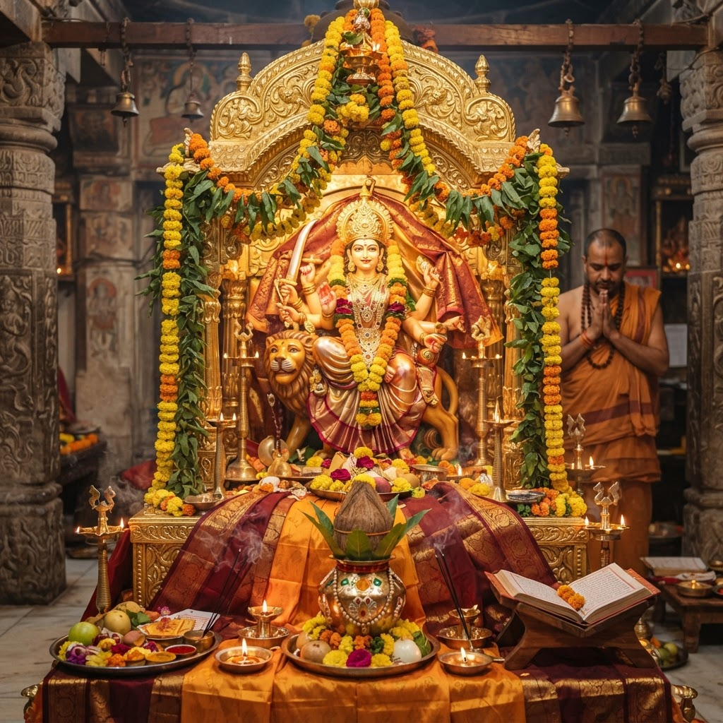 Baglamukhi Maha Puja altar with lamps and marigold offerings